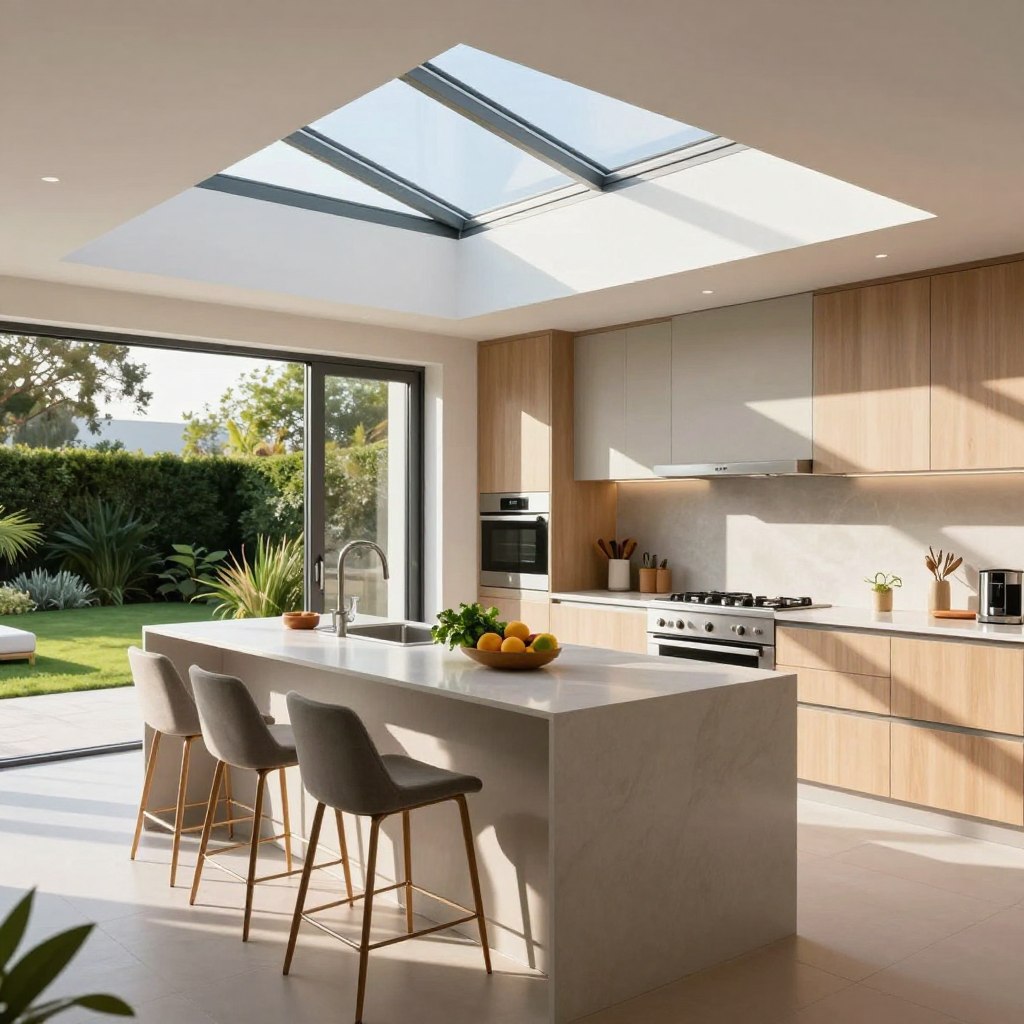 An open-plan kitchen featuring a modern skylight, with natural light pouring in, illuminating sleek countertops and minimalist cabinetry. In the foreground, a stylish kitchen island with elegant bar stools, adorned with fresh herbs and a small fruit bowl. The middle ground showcases high-end appliances with stainless steel finishes, complemented by light wood cabinetry. In the background, large sliding glass doors open to a lush garden, emphasizing the connection to nature. The atmosphere is bright, airy, and inviting, with soft shadows cast by the afternoon sun. The image is captured with a wide-angle lens, emphasizing the spaciousness and tranquility of the space, perfect for cooking and entertaining under the stars and sun.