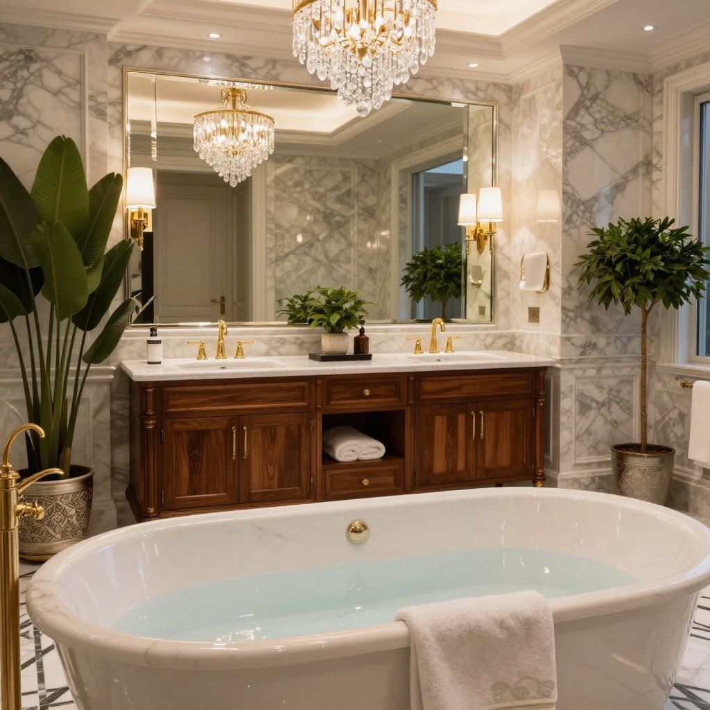 An opulent master bathroom design exuding luxury and sophistication. The foreground features a freestanding soaking tub crafted from polished marble, surrounded by plush, elegantly patterned towels. In the middle ground, a double vanity made of rich mahogany showcases under-mount sinks with sleek, gold faucets, reflecting ambient lighting from stylish sconces. A large, frameless mirror adds depth, enhancing the lavish feel. The background includes exquisite marble flooring with intricate geometric patterns and lavish greenery in decorative pots, creating a serene atmosphere. Soft, diffused lighting bathes the scene in a warm glow, while an overhead chandelier with cascading crystals completes the opulent aesthetic. The perspective is slightly elevated, capturing the grandeur of the space in a harmonious, inviting composition.