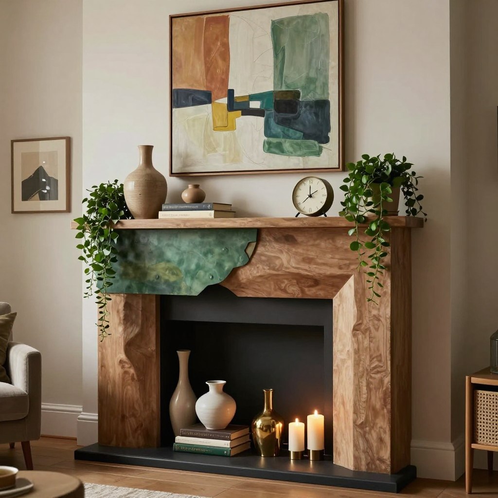 Asymmetrical mantle decor in a modern living room setting. A striking blend of materials and textures, featuring an irregular arrangement of decorative items like ceramic vases, stacked books, and a unique clock on one side, contrasted with greenery such as a cascading plant on the other. Soft, warm lighting emanates from a stylish candle arrangement, creating an inviting atmosphere. The mantle showcases a variety of color tones—earthy browns, deep greens, and hints of gold. A stylish abstract painting hangs above the mantle, adding depth to the scene. The camera angle is slightly elevated, showcasing both the decor and a cozy seating area in the background. The overall mood is relaxed yet sophisticated, emphasizing dynamic visual interest through asymmetrical styling.