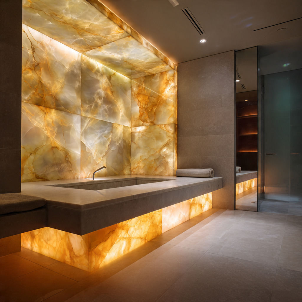 Backlit onyx feature wall in a luxury bathroom creating a jewel-box effect with warm glowing stone