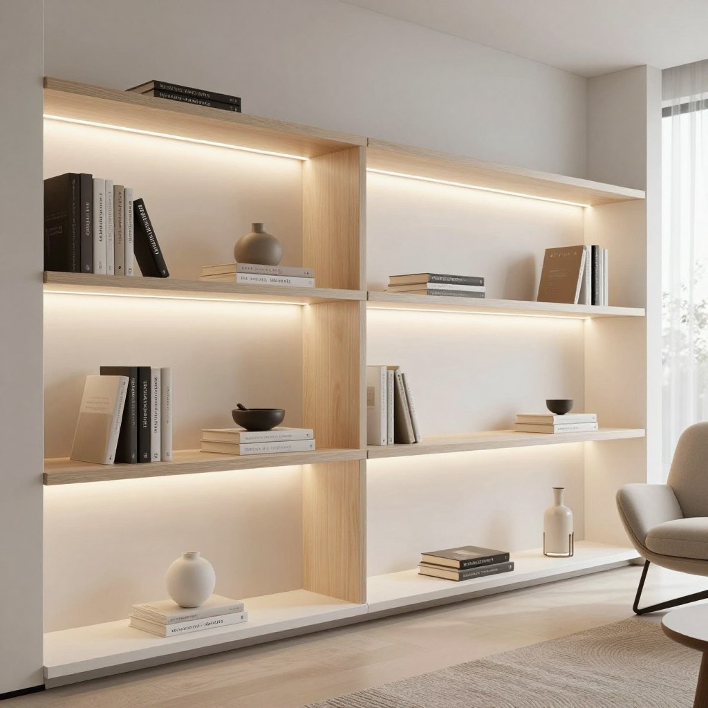 Contemporary minimalist built-ins featuring an elegant, streamlined bookshelf design integrated with soft, warm LED lighting. The foreground showcases the sleek shelves, holding a curated selection of books and a few decorative objects, all in neutral colors like white and natural wood tones. In the middle ground, a comfortable, modern lounge chair complements the bookshelf, with a textured area rug beneath it. The background highlights a softly lit living room with large windows allowing gentle natural light to fill the space, enhancing the minimalist aesthetic. The atmosphere is inviting yet sophisticated, capturing a serene and organized vibe perfect for modern living. The image should be shot from a slight angle to emphasize depth and dimensionality, with a focus on natural lighting and a clean, uncluttered composition.