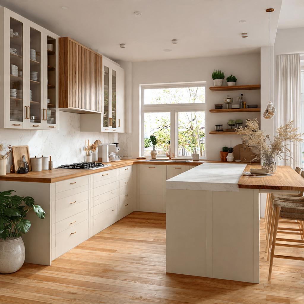 Corner kitchen island designed to maximize space in an awkward kitchen layout