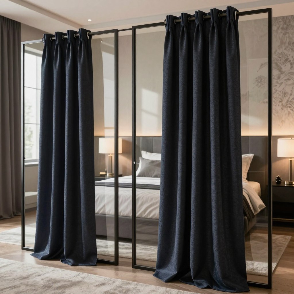 Elegant glass bedroom screens with layered blackout treatments create a serene atmosphere. In the foreground, showcase sleek, contemporary glass panels adorned with rich, textured blackout curtains in deep shades of navy and charcoal, softly cascading down. The middle ground features a stylishly arranged bedroom with minimalistic furniture, softly lit by natural light filtering through the screens, casting gentle shadows. In the background, hint at a decorative wall with subtle textures, enhancing the overall elegance. The room exudes a tranquil, sophisticated mood, ideal for restful privacy. Use a warm, diffused lighting effect to create a cozy ambiance, capturing the essence of a stylish yet functional space. The perspective is slightly angled to emphasize the layered treatments and their luxurious appeal.