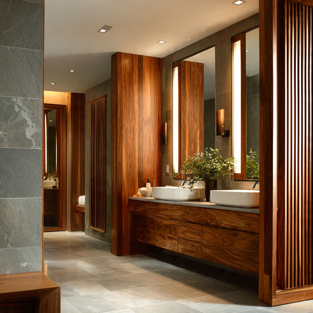 Exotic hardwood vanity and slatted wood accents adding warmth to a modern bathroom, placed in dry zones
