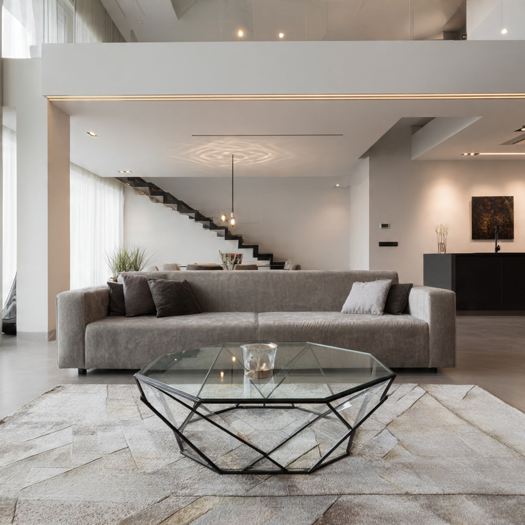 Geometric tempered glass coffee table with clean lines in a modern living room