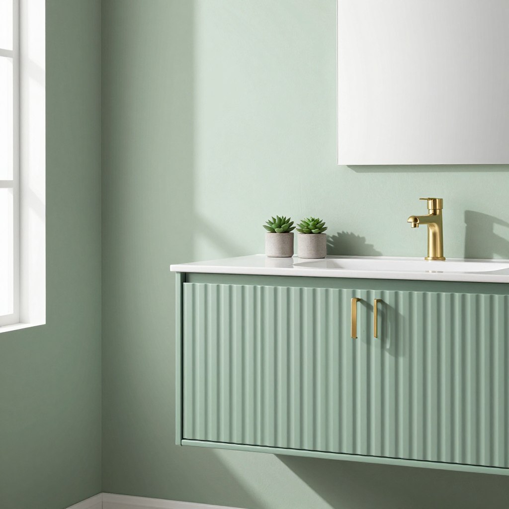 Horizontal ribbed MDF wall panels in a soft sage green hue create a calming backdrop, beautifully complementing a minimalist bathroom setting. In the foreground, an elegant ribbed vanity cabinet featuring a matching sage green finish, showcasing smooth, sleek lines and brushed gold hardware. The cabinet is adorned with subtle decorative elements, such as potted succulents and a chic mirror reflecting the serene atmosphere. Soft, natural light filters in from a nearby window, casting gentle shadows that enhance the texture of the ribbed surfaces. The scene is framed with modern, clean lines, evoking a tranquil and stylish ambiance ideal for a contemporary bathroom design. The overall mood is fresh, inviting, and harmonious, perfect for showcasing the beauty of ribbed cabinetry. Horizontal ribbed MDF wall panels in a soft sage green hue create a calming backdrop, beautifully complementing a minimalist bathroom setting. In the foreground, an elegant ribbed vanity cabinet featuring a matching sage green finish, showcasing smooth, sleek lines and brushed gold hardware. The cabinet is adorned with subtle decorative elements, such as potted succulents and a chic mirror reflecting the serene atmosphere. Soft, natural light filters in from a nearby window, casting gentle shadows that enhance the texture of the ribbed surfaces. The scene is framed with modern, clean lines, evoking a tranquil and stylish ambiance ideal for a contemporary bathroom design. The overall mood is fresh, inviting, and harmonious, perfect for showcasing the beauty of ribbed cabinetry.