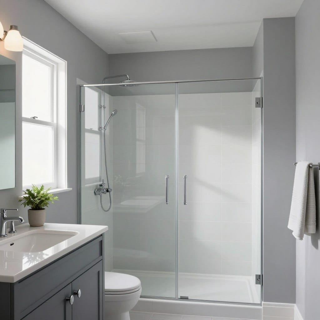 Imagine a small bathroom featuring the trendy light reflective gray color, reminiscent of Sherwin-Williams "Repose Gray." In the foreground, a sleek, modern vanity with elegant chrome fixtures complements the serene palette. The middle ground showcases a spacious shower with glass doors, revealing stunning, minimalistic tile work in soft whites and grays that enhance the light. The bathroom is well-lit with natural light streaming through a frosted window, casting soft reflections on the walls, evoking an open and airy feel. Subtle accents, like potted plants or stylish towels, add warmth without overwhelming the space. The atmosphere is tranquil and inviting, perfect for a small bathroom that feels expanded by its color choice. The angle captures the room in a wide shot, emphasizing depth and spaciousness while maintaining focus on the beautiful paint color.