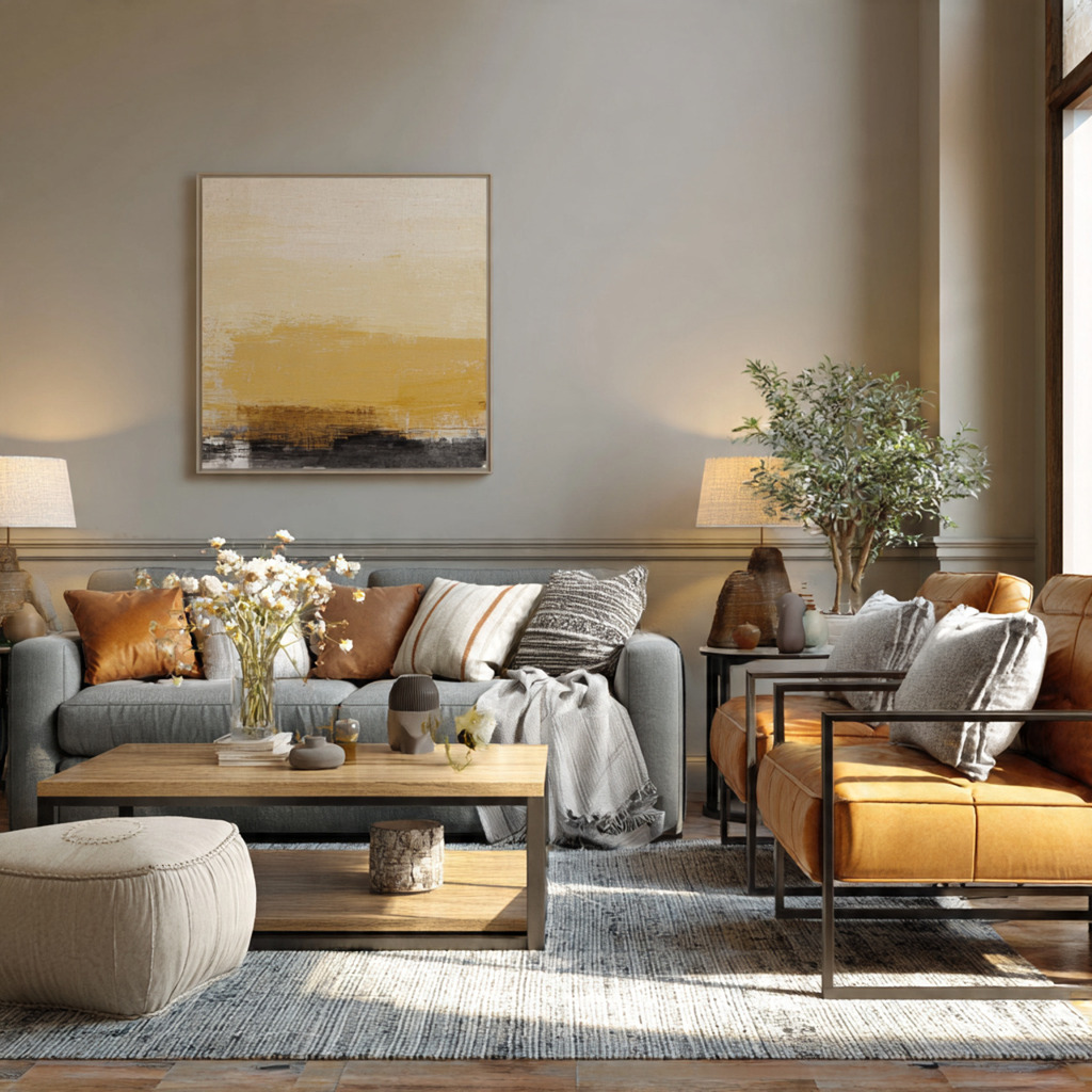 Living room showing expert tips for mixing seating styles using balance, conversation zones, and the 60-30-10 design rule
