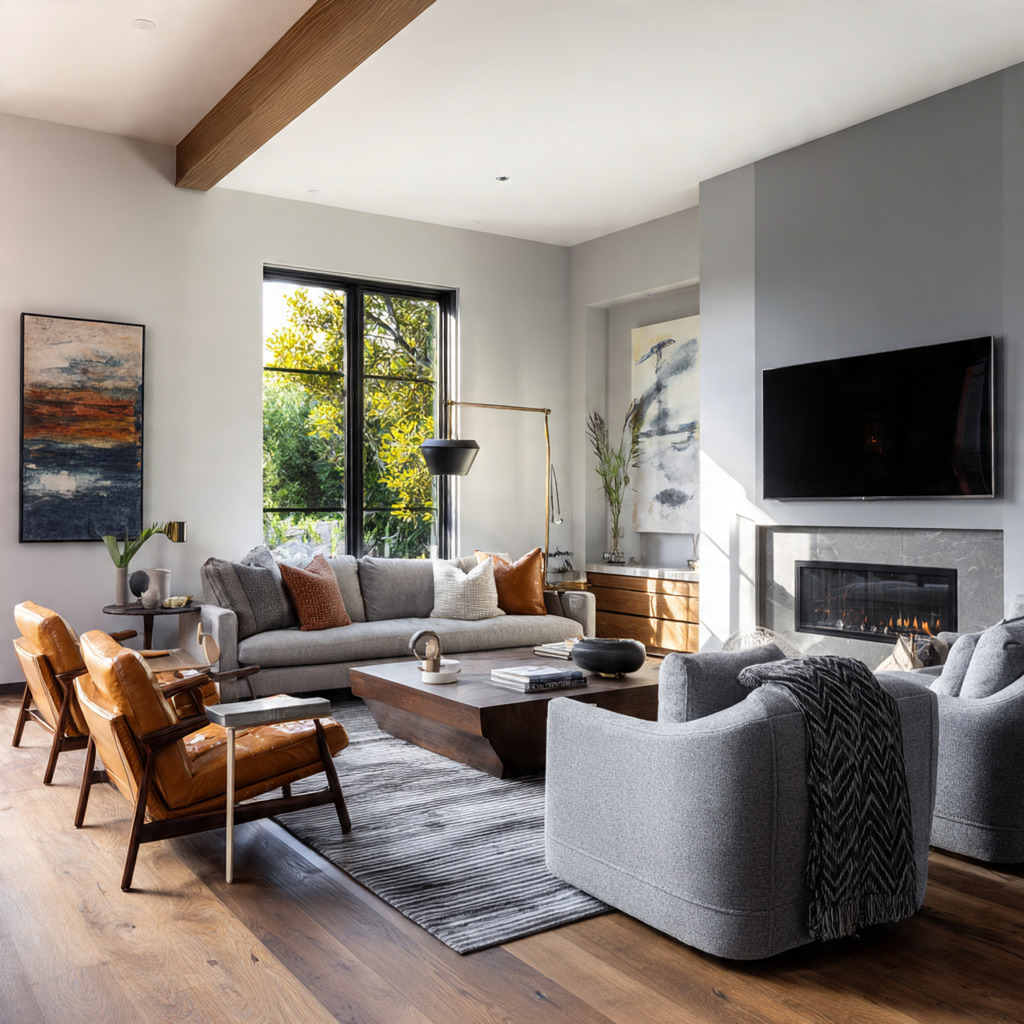 Living room showing expert tips for mixing seating styles using balance, conversation zones, and the 60-30-10 design rule