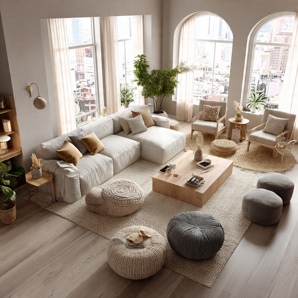 Living room with conversation zones created by mixing low sofas, floor cushions, and higher armchairs to vary seating heights