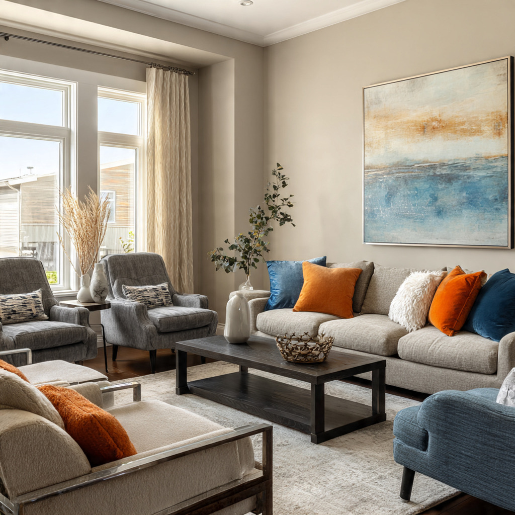 Living room with mixed seating styles unified by a cohesive 60-30-10 color scheme using color theory