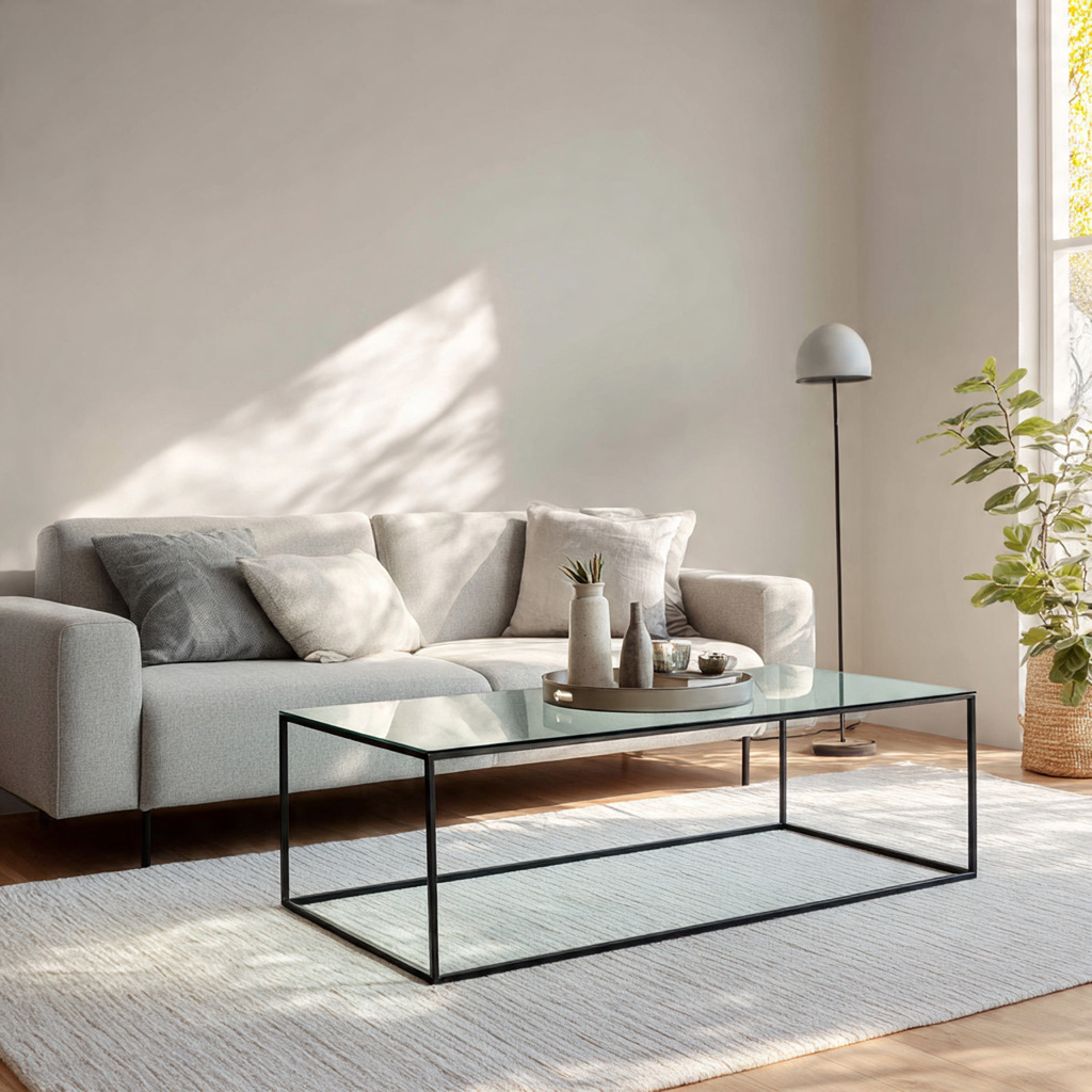 Low-profile glass coffee table enhancing a minimalist and open living room