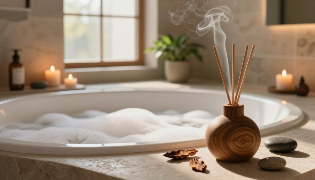 Lush, tranquil bathroom setting infused with the rich, warm essence of oud. In the foreground, an elegant wooden diffuser releases wisps of aromatic smoke, surrounded by polished stones and scattered dried oud wood pieces. The middle ground features a beautifully styled bathtub filled with soft bubbles, lit by gentle candlelight casting soft shadows that enhance the tranquil ambiance. A small potted plant adds a touch of greenery. The background reveals a serene bathroom space with natural stone walls, a large window allowing soft, diffused sunlight to filter in, creating a calming atmosphere. The overall mood is luxurious and peaceful, capturing the essence of a high-end spa experience. The image is shot from a slightly elevated angle to capture the entire scene in a balanced composition, enhancing the feeling of relaxation and indulgence.