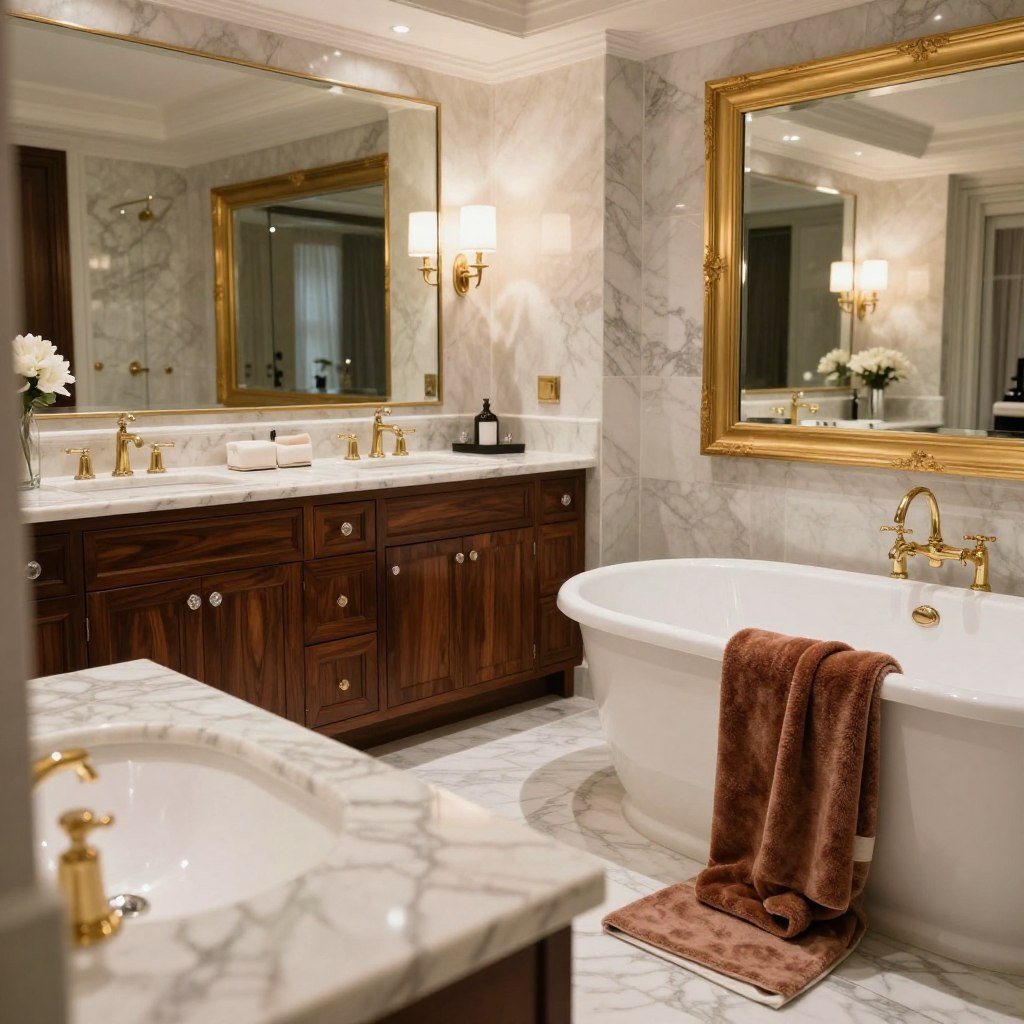 Luxury bathroom materials create a lavish atmosphere. In the foreground, feature polished marble countertops with intricate veining, seamlessly paired with elegant gold fixtures. Include a grand freestanding soaking tub, surrounded by plush, soft towels in rich hues. In the middle ground, showcase understated, high-end cabinetry made of dark mahogany or walnut, adorned with crystal knobs. Soft, ambient lighting emanates from chic sconces, casting a warm glow. In the background, display an expansive mirror framed in ornate gold, reflecting the luxurious surroundings. The scene should emanate relaxation and opulence, with a serene, inviting atmosphere that draws the viewer in, emphasizing sophistication and comfort. Use a wide-angle lens to capture the entire space, focusing on soft highlights and shadows for depth.