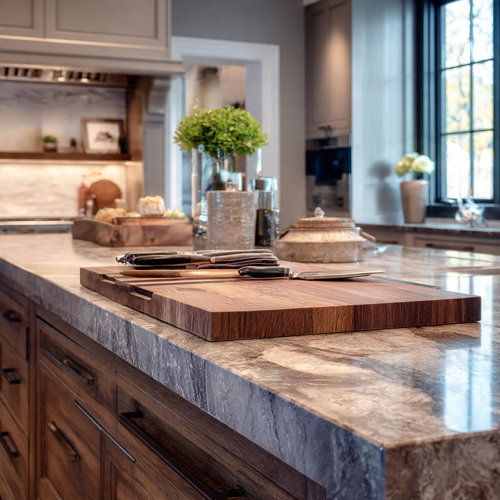 Modern farmhouse kitchen island with integrated butcher block prep area and stone countertop Modern farmhouse kitchen island with integrated butcher block prep area and stone countertop