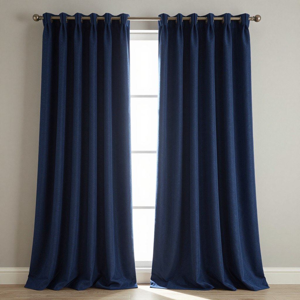 Navy blue curtains gracefully drape from a stylish window, showcasing their rich texture and opulent color. The foreground highlights the sophisticated folds and sheen of the fabric, catching soft, natural light that filters in. In the middle, the curtains are framed by a minimalist, modern curtain rod that complements the elegant look. The background features airy, muted walls in a light neutral shade, enhancing the vibrancy of the navy blue. The atmosphere conveys a sense of calm elegance, ideal for a refined living space. The overall composition captures the alluring contrast between the navy curtains and the warm light, creating a tranquil yet sophisticated mood. Use a wide-angle shot that emphasizes the luxurious draping effect, while maintaining focus on the rich color and texture of the curtains.