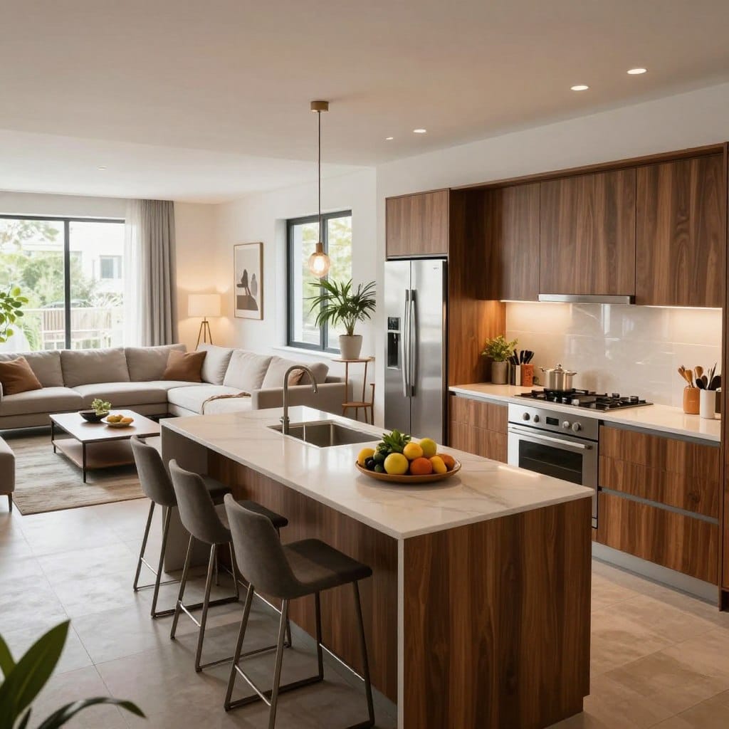 Open concept kitchen featuring a seamless living and cooking area, with modern cabinetry in rich wooden tones and sleek, stainless steel appliances. The foreground showcases a stylish kitchen island with elegant bar stools, adorned with fresh fruit and decorative plants. In the middle ground, a cozy living space unfolds with a comfortable sectional sofa, stylish coffee table, and ambient lighting that creates a warm atmosphere. The background reveals large windows that flood the space with natural light, enhancing the open feel. The scene captures a harmonious blend of functionality and aesthetics, with a bright, airy mood, perfect for modern apartment living. The perspective is slightly elevated, capturing the entire layout in one elegant frame.