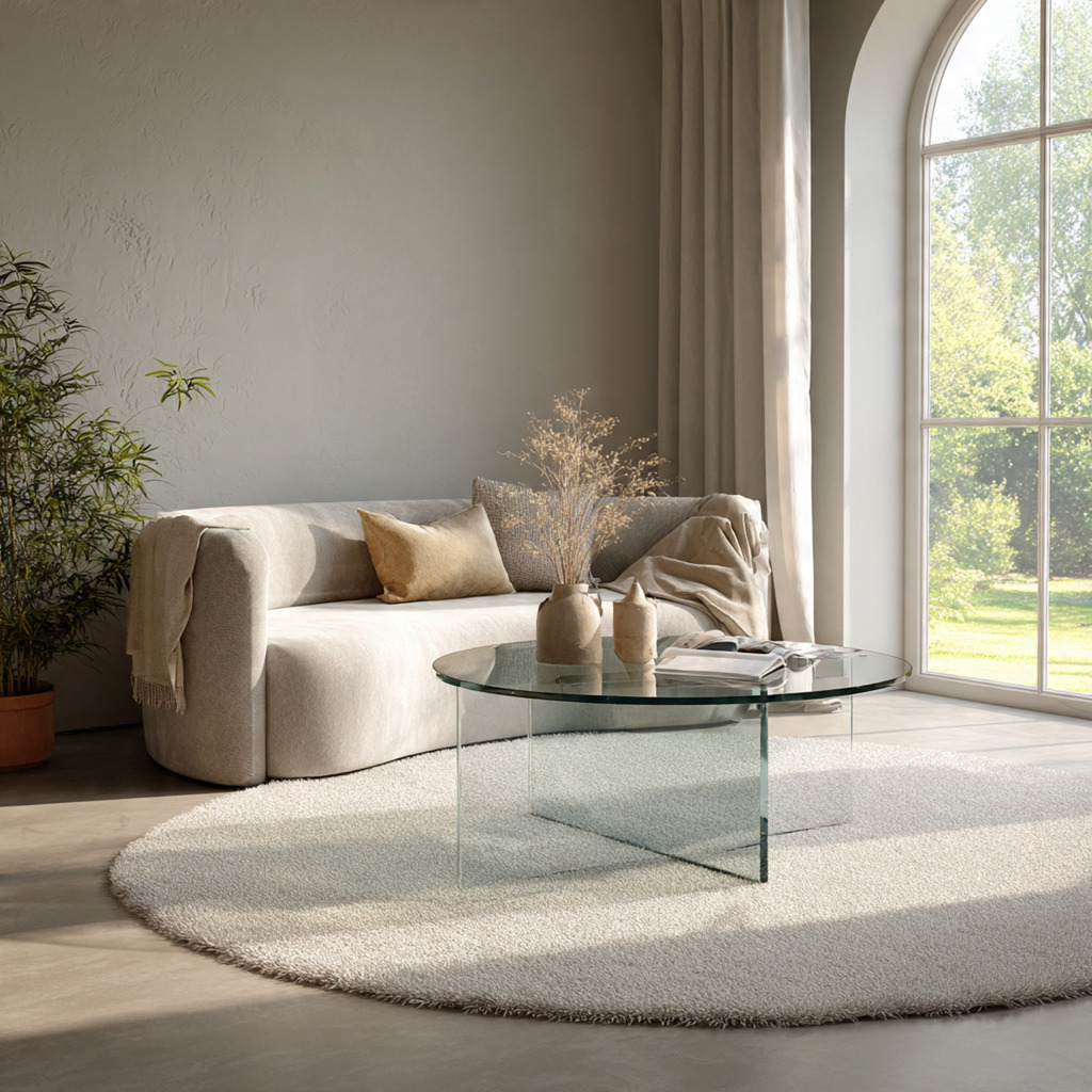 Round tempered glass coffee table creating a soft and inviting modern living room