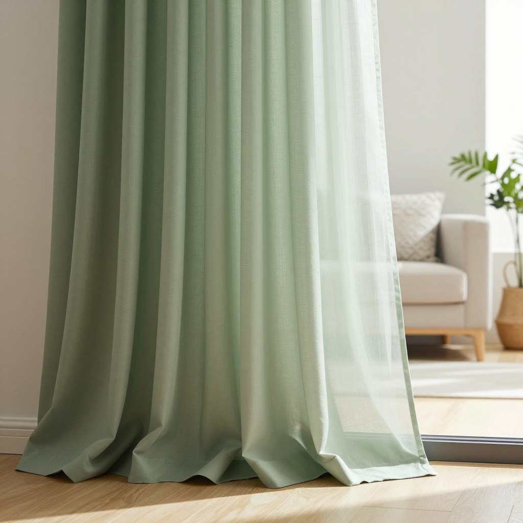 Sage green curtains gently drape from an elegant, modern window frame, their soft fabric billowing slightly in a light breeze. The foreground features the rich textures of the curtains showcasing subtle variations of green, hinting at nature's tranquility. In the middle ground, a cozy living room with light-colored walls and minimalist furnishings complements the curtains, creating a harmonious atmosphere. Soft, natural light filters through the sheer top layer of the curtains, casting delicate shadows on the wooden floor. In the background, a hint of greenery from potted plants enhances the natural theme, blurring slightly for a serene effect. The overall mood is calm and inviting, exemplifying the peaceful elegance of sage green.