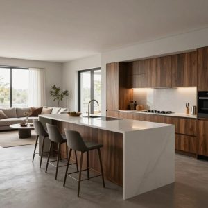 open space living room kitchen with island