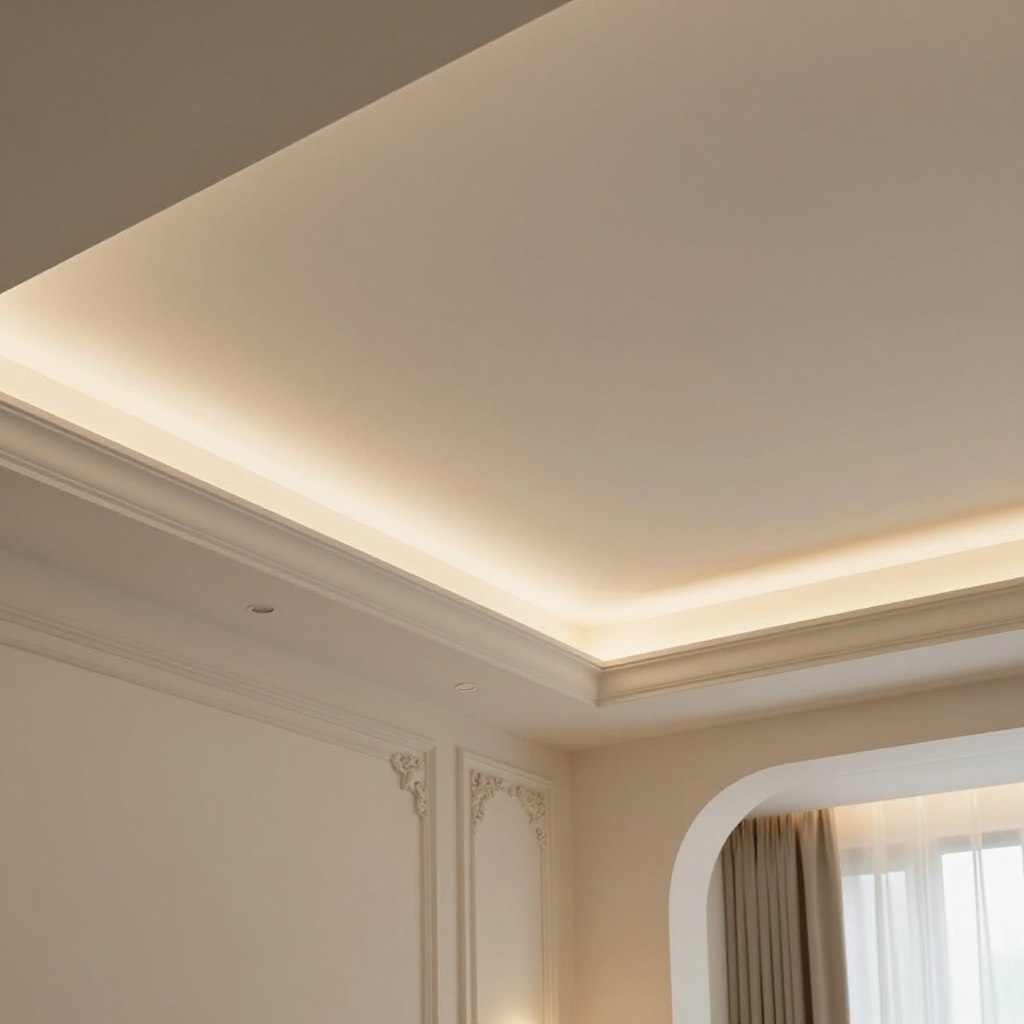 A beautifully designed room featuring concealed LED lighting integrated within an elegant tray ceiling. The foreground showcases intricate crown molding and a soft glow emanating from hidden LED strips, casting gentle light across smooth ceiling surfaces. In the middle ground, luxurious textures and subtle design elements, such as decorative paneling, enhance the sophisticated ambiance. The background reveals a serene color palette of soft whites and warm neutrals, creating a calming atmosphere. The lighting is soft and diffused, evoking a cozy, inviting feel. Capture the scene from a slightly elevated angle to emphasize the depth and layering of the ceiling design while creating an ethereal, tranquil mood throughout the room. A beautifully designed room featuring concealed LED lighting integrated within an elegant tray ceiling. The foreground showcases intricate crown molding and a soft glow emanating from hidden LED strips, casting gentle light across smooth ceiling surfaces. In the middle ground, luxurious textures and subtle design elements, such as decorative paneling, enhance the sophisticated ambiance. The background reveals a serene color palette of soft whites and warm neutrals, creating a calming atmosphere. The lighting is soft and diffused, evoking a cozy, inviting feel. Capture the scene from a slightly elevated angle to emphasize the depth and layering of the ceiling design while creating an ethereal, tranquil mood throughout the room.