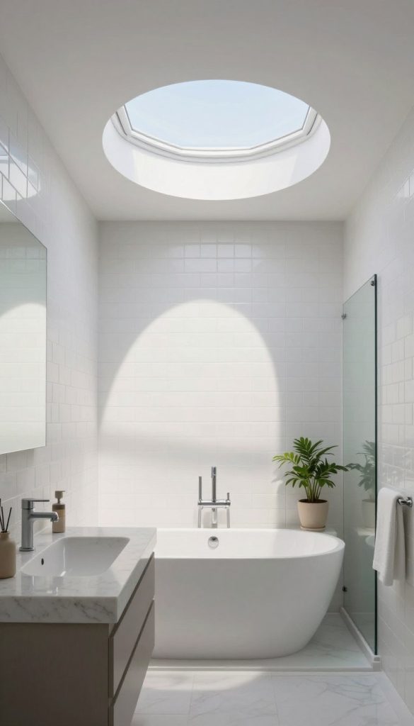 A bright, modern bathroom featuring a cylindrical tubular skylight installed in the ceiling, allowing soft, natural light to flood the small space. The foreground showcases sleek, minimalist bathroom fixtures like a floating vanity with a quartz countertop and a stylish sink. In the middle ground, the tubular skylight is prominently visible, blending seamlessly with the architecture, casting beautiful patterns of light on the white subway tile walls. The background consists of a shower area with glass panels and a potted plant for a touch of greenery. The atmosphere is serene and airy, enhanced by the natural lighting that transforms the compact bathroom into a bright, welcoming sanctuary. The image captures the beauty of utilizing tubular skylights to maximize daylight in small spaces. A bright, modern bathroom featuring a cylindrical tubular skylight installed in the ceiling, allowing soft, natural light to flood the small space. The foreground showcases sleek, minimalist bathroom fixtures like a floating vanity with a quartz countertop and a stylish sink. In the middle ground, the tubular skylight is prominently visible, blending seamlessly with the architecture, casting beautiful patterns of light on the white subway tile walls. The background consists of a shower area with glass panels and a potted plant for a touch of greenery. The atmosphere is serene and airy, enhanced by the natural lighting that transforms the compact bathroom into a bright, welcoming sanctuary. The image captures the beauty of utilizing tubular skylights to maximize daylight in small spaces.