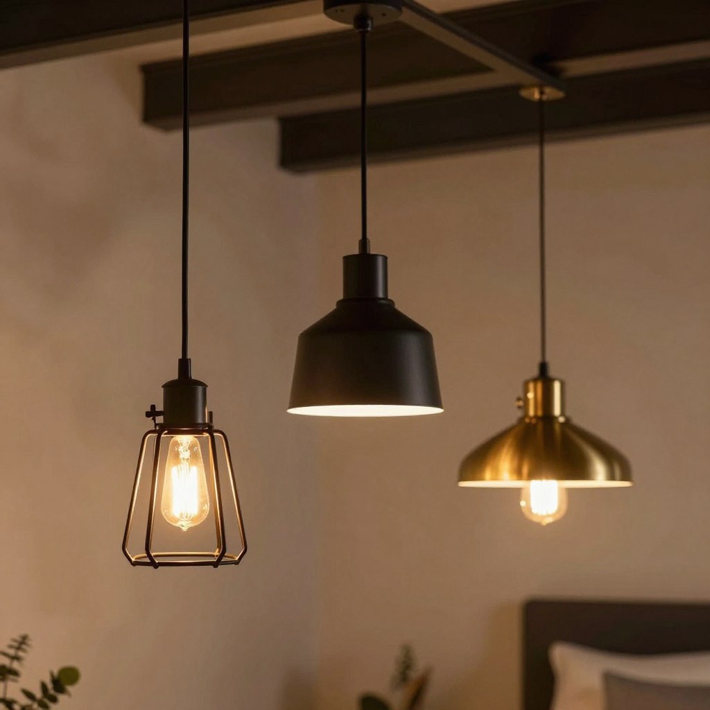 A collection of industrial pendant lighting options, showcasing a variety of designs with metal accents. In the foreground, focus on three distinct pendant lights: one with an Edison bulb in a cage-like frame, another designed with a matte black finish, and the third featuring a brushed brass look. The middle ground should display these lights hanging from exposed beams against a warm, textured wall that enhances the industrial aesthetic. Soft, ambient lighting casts a cozy glow around the scene, creating an inviting atmosphere. In the background, hints of a modern bedroom setting are visible, blurred slightly to emphasize the pendant lights as the focal point. The composition should have a slight overhead angle, capturing the details and craftsmanship of each light while ensuring a clean, uncluttered backdrop.