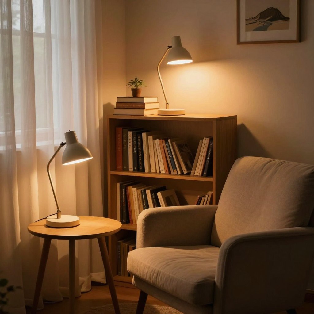 A cozy reading nook designed for optimal comfort and light control. In the foreground, a stylish armchair with plush cushions sits next to a small side table, topped with an elegant, adjustable reading light casting a warm, amber glow. The middle layer features a softly illuminated bookshelf filled with books, while another reading light is strategically positioned above it, providing focused light without glare. In the background, a window with sheer curtains allows gentle, natural light to filter in, creating a serene atmosphere. The overall scene has a warm and inviting mood, showcasing different reading light placements that enhance comfort and minimize disturbance. The lighting is soft, and the angle is slightly elevated, capturing both the reading nook and the inviting ambience it creates.
