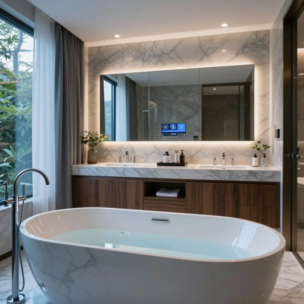 A luxurious master bathroom designed for a private home spa experience features sleek, modern aesthetics with high-end finishes. In the foreground, a freestanding marble soaking tub flows with ambient light reflecting off its polished surface, complemented by elegant chrome fixtures. The middle ground showcases a dual vanity with smart mirrors displaying customizable lighting and touch controls, set against rich wood cabinetry. The background reveals a large window with sheer drapes that softens the natural light, framing a serene view of lush greenery outside. Soothing blue and gray accents harmonize throughout the space, while recessed LED lighting enhances the tranquil atmosphere. The overall mood is one of sophistication and relaxation, inviting an immersive spa-like experience without any human figures present. A luxurious master bathroom designed for a private home spa experience features sleek, modern aesthetics with high-end finishes. In the foreground, a freestanding marble soaking tub flows with ambient light reflecting off its polished surface, complemented by elegant chrome fixtures. The middle ground showcases a dual vanity with smart mirrors displaying customizable lighting and touch controls, set against rich wood cabinetry. The background reveals a large window with sheer drapes that softens the natural light, framing a serene view of lush greenery outside. Soothing blue and gray accents harmonize throughout the space, while recessed LED lighting enhances the tranquil atmosphere. The overall mood is one of sophistication and relaxation, inviting an immersive spa-like experience without any human figures present.