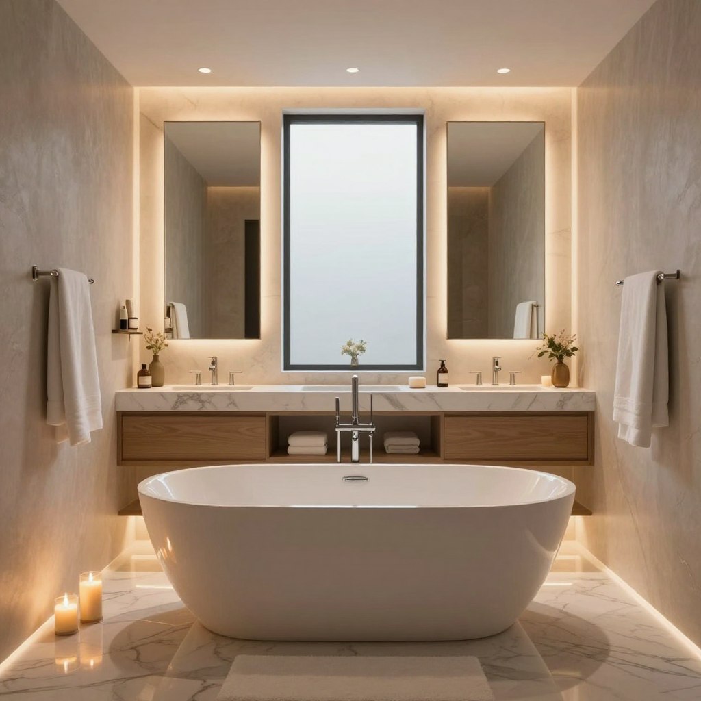 A luxurious master bathroom featuring a sophisticated layered ambient lighting scheme. In the foreground, a freestanding soaking tub with sleek lines sits atop elegant marble flooring, illuminated by soft, glowing LED lights embedded in the floor. The middle layer showcases dual vanities with modern fixtures, accented by stylish mirrors that reflect warm, diffused light from recessed ceiling fixtures. In the background, large frosted windows allow natural light to filter in, creating a tranquil atmosphere. The walls are adorned with textured materials in soft hues, merging elegance with comfort. A plush bath mat and carefully arranged candles add to the serene ambiance, while strategically placed light sources cast gentle shadows, enhancing the spa-like feel of the space. The overall mood is tranquil and inviting, perfect for relaxation and indulgence. A luxurious master bathroom featuring a sophisticated layered ambient lighting scheme. In the foreground, a freestanding soaking tub with sleek lines sits atop elegant marble flooring, illuminated by soft, glowing LED lights embedded in the floor. The middle layer showcases dual vanities with modern fixtures, accented by stylish mirrors that reflect warm, diffused light from recessed ceiling fixtures. In the background, large frosted windows allow natural light to filter in, creating a tranquil atmosphere. The walls are adorned with textured materials in soft hues, merging elegance with comfort. A plush bath mat and carefully arranged candles add to the serene ambiance, while strategically placed light sources cast gentle shadows, enhancing the spa-like feel of the space. The overall mood is tranquil and inviting, perfect for relaxation and indulgence.