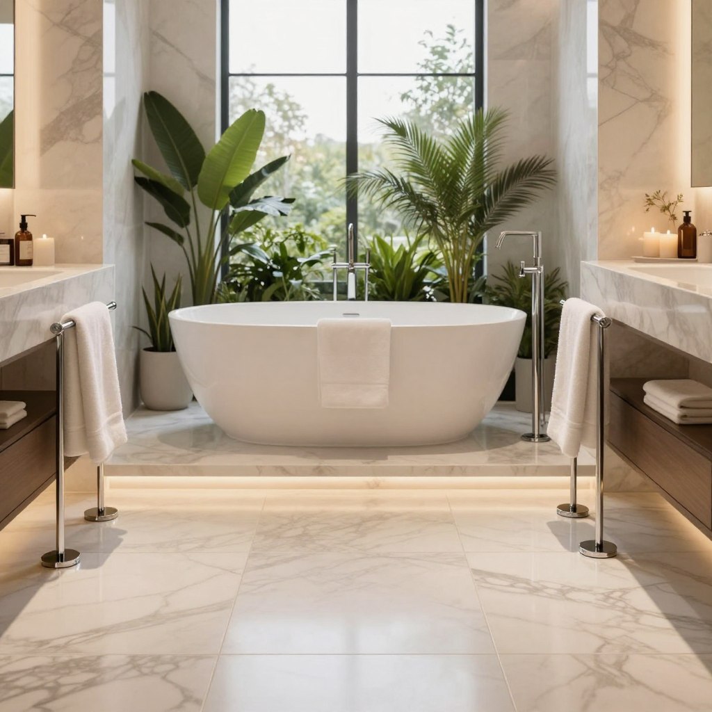 A luxurious master bathroom featuring radiant heated floors and elegant towel warmers integrated into a sleek design. In the foreground, spacious marble tiles glow softly in warm lighting, enhancing the feeling of comfort. The middle ground showcases a sophisticated freestanding bathtub surrounded by lush greenery, with plush towels elegantly draped over polished, contemporary towel warmers. The background reveals a large window allowing natural light to flood the space, illuminating the minimalist decor and tasteful accents. Soft, ambient lighting creates a serene atmosphere, and a carefully arranged selection of candles adds a touch of tranquility. The overall mood is one of relaxation and opulence, embodying a private home spa experience. A luxurious master bathroom featuring radiant heated floors and elegant towel warmers integrated into a sleek design. In the foreground, spacious marble tiles glow softly in warm lighting, enhancing the feeling of comfort. The middle ground showcases a sophisticated freestanding bathtub surrounded by lush greenery, with plush towels elegantly draped over polished, contemporary towel warmers. The background reveals a large window allowing natural light to flood the space, illuminating the minimalist decor and tasteful accents. Soft, ambient lighting creates a serene atmosphere, and a carefully arranged selection of candles adds a touch of tranquility. The overall mood is one of relaxation and opulence, embodying a private home spa experience.