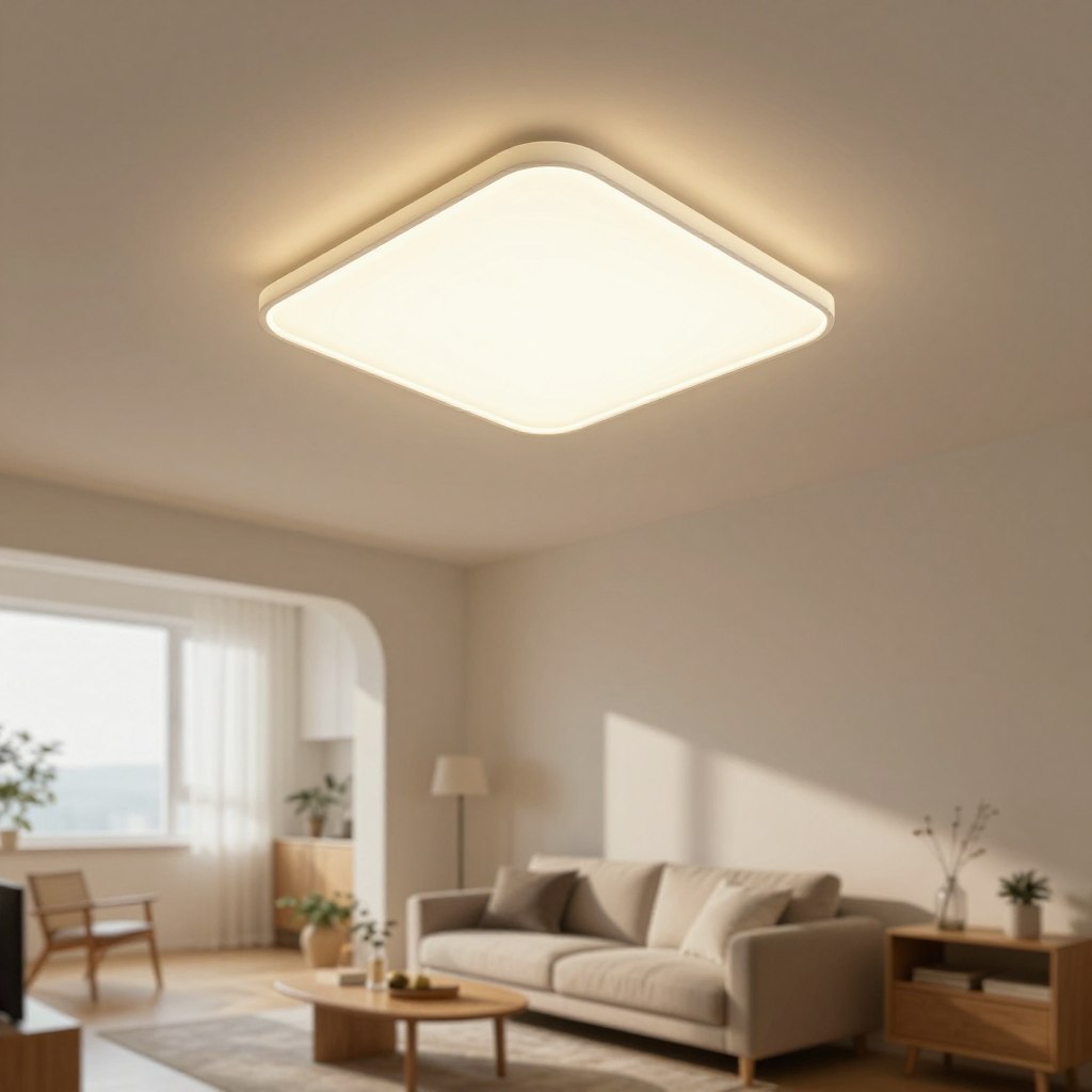 A minimalist ceiling light design is showcased in a cozy small apartment space. The foreground features a sleek LED ceiling fixture with a simple geometric shape, glowing softly to create an inviting atmosphere. The middle ground highlights a compact living area with modern furnishings, such as a small sofa and a coffee table, arranged to maximize space efficiency. The background reveals light-colored walls adorned with subtle decor, enhancing the room's brightness and openness. Natural light filters through a window, complemented by the warm glow from the ceiling light, casting gentle shadows. The overall mood is serene and stylish, perfect for illustrating hidden lighting solutions that enhance small spaces. The image is captured from a slightly elevated angle, emphasizing the interplay between light and design. A minimalist ceiling light design is showcased in a cozy small apartment space. The foreground features a sleek LED ceiling fixture with a simple geometric shape, glowing softly to create an inviting atmosphere. The middle ground highlights a compact living area with modern furnishings, such as a small sofa and a coffee table, arranged to maximize space efficiency. The background reveals light-colored walls adorned with subtle decor, enhancing the room's brightness and openness. Natural light filters through a window, complemented by the warm glow from the ceiling light, casting gentle shadows. The overall mood is serene and stylish, perfect for illustrating hidden lighting solutions that enhance small spaces. The image is captured from a slightly elevated angle, emphasizing the interplay between light and design.