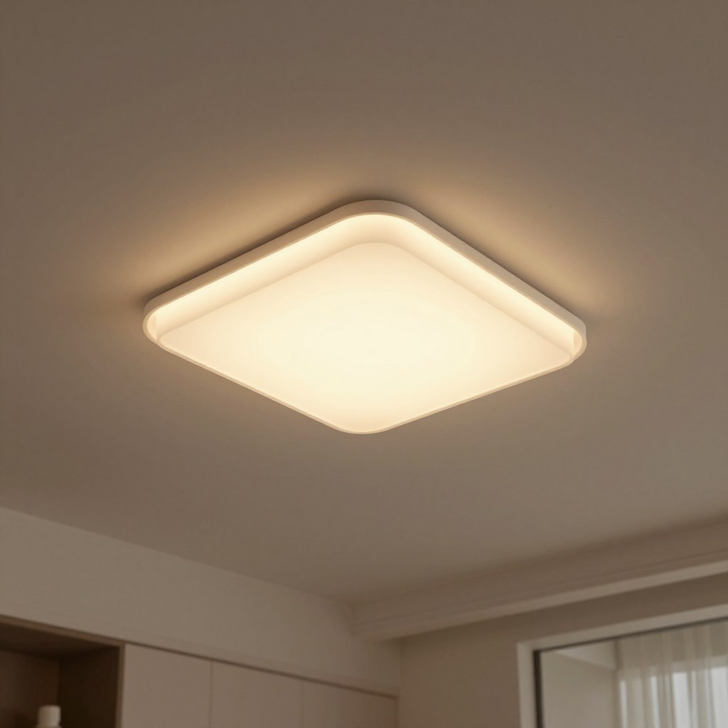 A minimalist interior space showcasing an invisible ceiling light fixture, seamlessly integrated into the ceiling. The fixture features soft, translucent panels that diffuse warm, ambient light, creating a serene atmosphere. In the foreground, the edges of the room are framed by sleek, modern furniture and subtle decorative elements. In the middle ground, the light source is subtly hidden, with the translucent panels casting an inviting glow that enhances the warm tones of the room. The background displays a neutral wall with elegant texture, complementing the overall harmony of the design. The lighting is soft, highlighting the gentle interplay of light and shadow, while the angle of view is slightly tilted upward, emphasizing the light fixture's unobtrusive elegance, inviting tranquility and comfort within a contemporary living space. A minimalist interior space showcasing an invisible ceiling light fixture, seamlessly integrated into the ceiling. The fixture features soft, translucent panels that diffuse warm, ambient light, creating a serene atmosphere. In the foreground, the edges of the room are framed by sleek, modern furniture and subtle decorative elements. In the middle ground, the light source is subtly hidden, with the translucent panels casting an inviting glow that enhances the warm tones of the room. The background displays a neutral wall with elegant texture, complementing the overall harmony of the design. The lighting is soft, highlighting the gentle interplay of light and shadow, while the angle of view is slightly tilted upward, emphasizing the light fixture's unobtrusive elegance, inviting tranquility and comfort within a contemporary living space.