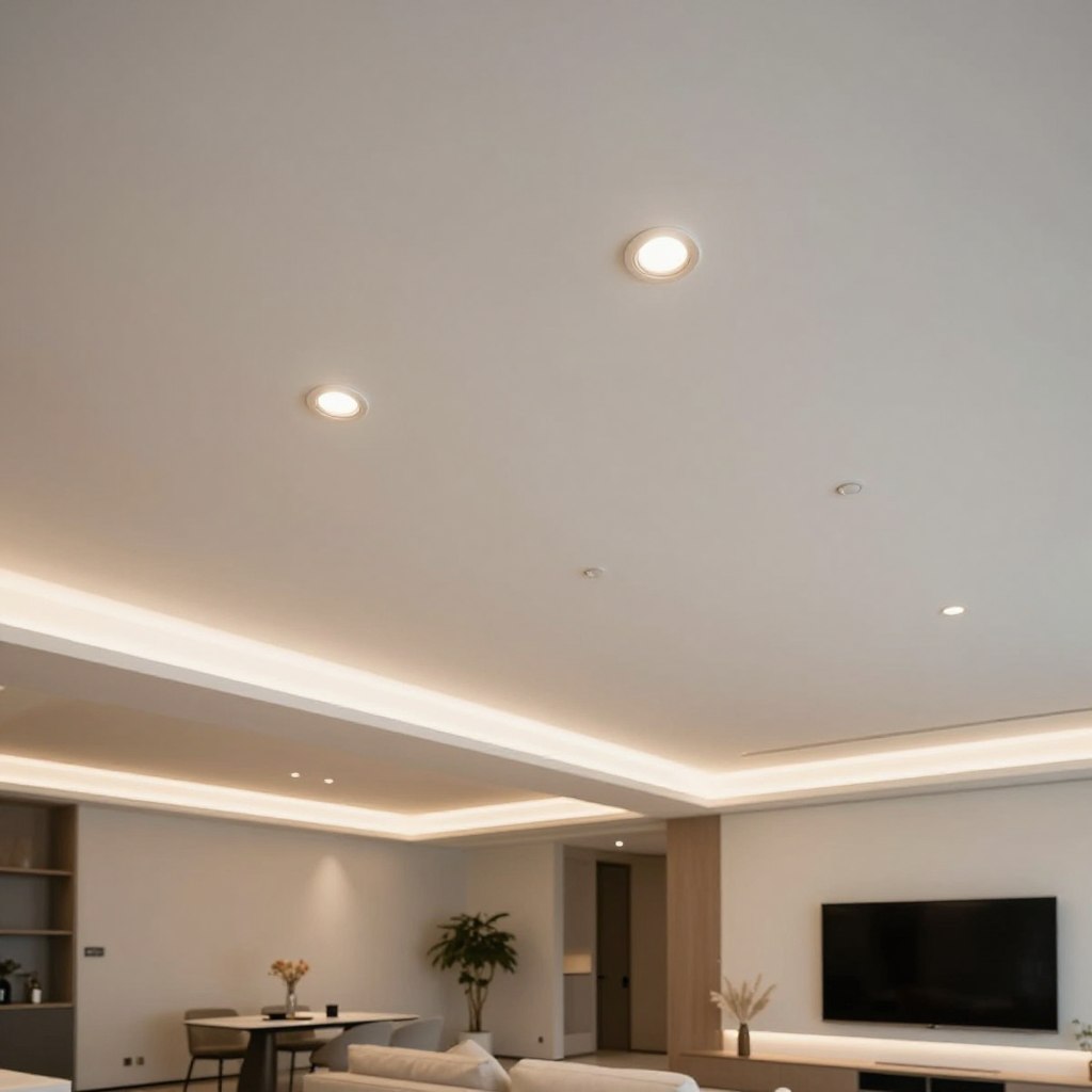A modern home interior showcasing the installation of recessed LED ceiling fixtures, focusing on sleek, minimalist design. The foreground features close-up views of the fixtures being embedded into a ceiling with a clean, white finish. In the middle ground, soft ambient lighting emanates from the fixtures, casting a warm glow, highlighting the architectural details of the room. The background reveals a spacious living area with contemporary furniture and elegant decor, illuminated by the hidden LED lights, creating a dramatic effect on the ceiling's surface. Use a wide-angle lens perspective to capture the entire ambiance, emphasizing the innovative lighting design and serene atmosphere. A modern home interior showcasing the installation of recessed LED ceiling fixtures, focusing on sleek, minimalist design. The foreground features close-up views of the fixtures being embedded into a ceiling with a clean, white finish. In the middle ground, soft ambient lighting emanates from the fixtures, casting a warm glow, highlighting the architectural details of the room. The background reveals a spacious living area with contemporary furniture and elegant decor, illuminated by the hidden LED lights, creating a dramatic effect on the ceiling's surface. Use a wide-angle lens perspective to capture the entire ambiance, emphasizing the innovative lighting design and serene atmosphere.