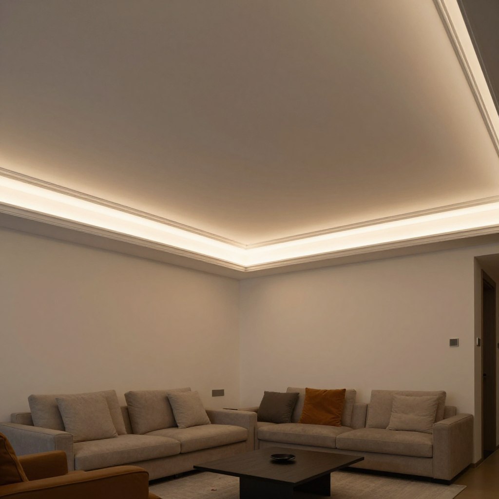 A modern living room featuring embedded LED strips elegantly integrated into crown molding along the ceiling. The ceiling is high and adorned with decorative trim, creating a sophisticated atmosphere. The LED lights emit a soft, warm glow that illuminates the space, casting gentle shadows and highlighting the textures of the crown molding. In the foreground, stylish furniture is arranged invitingly, while the walls are painted in a soft, neutral color to enhance the ambient lighting. The scene is captured with a wide-angle lens, providing a sense of depth, and is lit with subtle, diffused illumination to create a cozy and inviting mood, perfect for relaxation. The overall ambiance exudes tranquility and modern elegance. A modern living room featuring embedded LED strips elegantly integrated into crown molding along the ceiling. The ceiling is high and adorned with decorative trim, creating a sophisticated atmosphere. The LED lights emit a soft, warm glow that illuminates the space, casting gentle shadows and highlighting the textures of the crown molding. In the foreground, stylish furniture is arranged invitingly, while the walls are painted in a soft, neutral color to enhance the ambient lighting. The scene is captured with a wide-angle lens, providing a sense of depth, and is lit with subtle, diffused illumination to create a cozy and inviting mood, perfect for relaxation. The overall ambiance exudes tranquility and modern elegance.