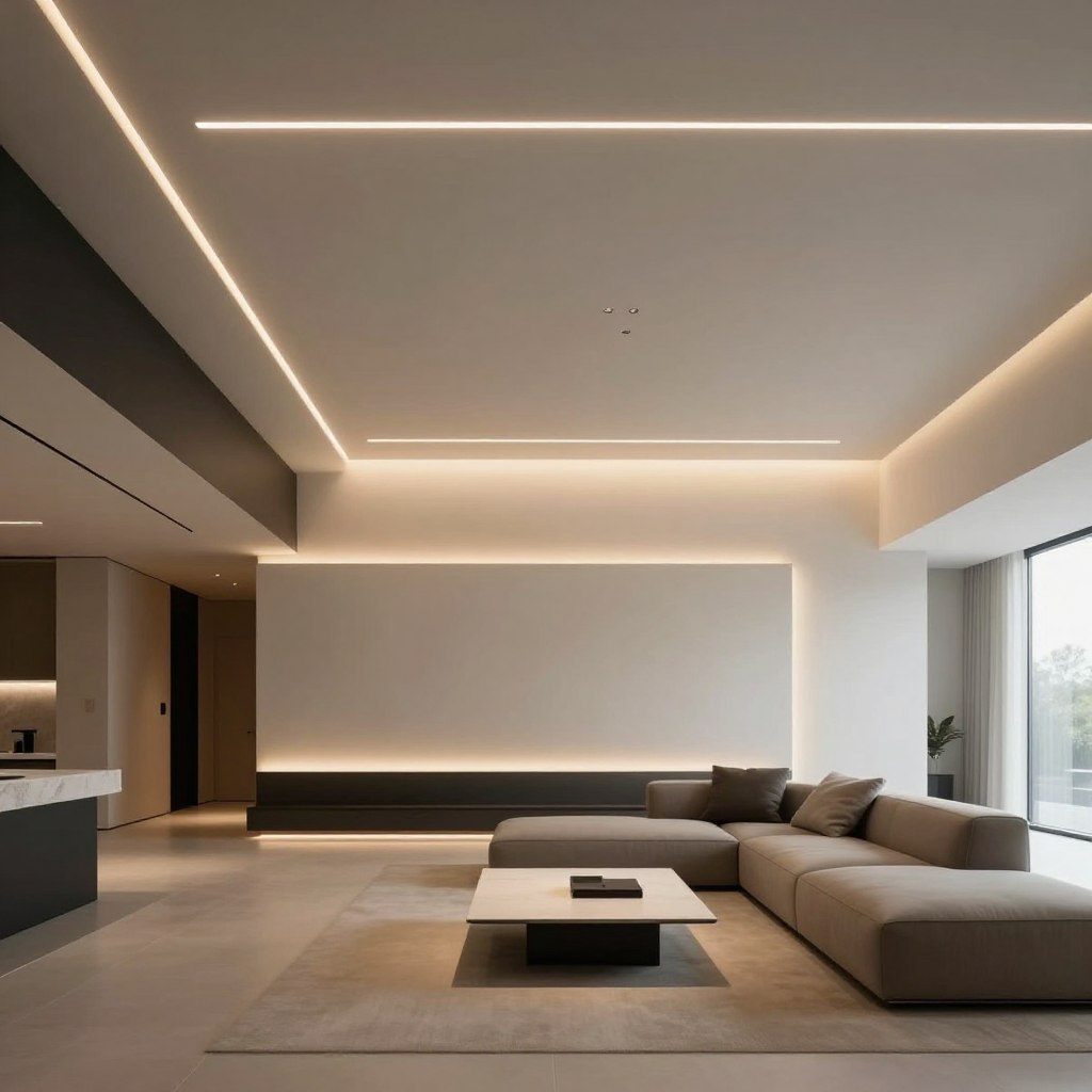 A modern living space featuring sleek hidden lighting with linear LED channels seamlessly integrated into the ceiling design. The foreground showcases a stylish, streamlined interior with minimalist furniture—perhaps a low-profile sofa in muted tones and a coffee table with clean lines. The middle layer highlights the soft, ambient glow emitted from the discreet LED channels, casting warm light across the room, enhancing the contemporary feel. The background reveals a spacious, open layout, with large windows allowing natural light to compliment the artificial illumination. The atmosphere should evoke a sense of tranquility and sophistication, with smooth lines and a balanced color palette. Use a wide-angle lens to capture the entire scene, emphasizing the harmonious blend of light and design without any people present. A modern living space featuring sleek hidden lighting with linear LED channels seamlessly integrated into the ceiling design. The foreground showcases a stylish, streamlined interior with minimalist furniture—perhaps a low-profile sofa in muted tones and a coffee table with clean lines. The middle layer highlights the soft, ambient glow emitted from the discreet LED channels, casting warm light across the room, enhancing the contemporary feel. The background reveals a spacious, open layout, with large windows allowing natural light to compliment the artificial illumination. The atmosphere should evoke a sense of tranquility and sophistication, with smooth lines and a balanced color palette. Use a wide-angle lens to capture the entire scene, emphasizing the harmonious blend of light and design without any people present.