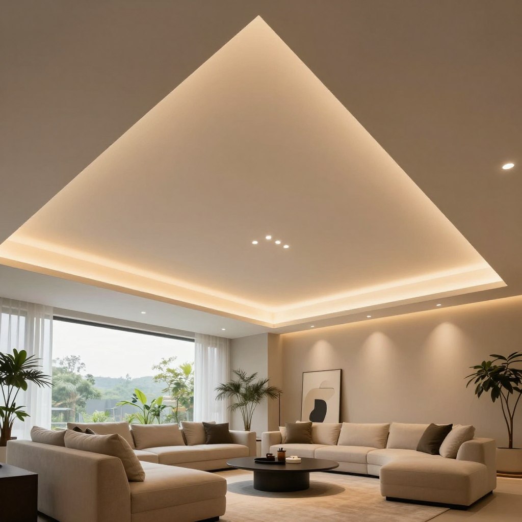 A modern open-concept living space showcasing a built-in LED ceiling lighting system. The foreground features sleek, minimalist furniture with soft textures in a neutral color palette. The middle ground highlights the unique ceiling design with integrated LED strips emitting a warm, ambient glow, enhancing the room's spacious feel. The ceiling features geometric patterns and smooth finishes. In the background, large windows allow natural light to filter softly, blending with the warm artificial light. The room is styled with decorative plants and contemporary art, creating a serene and inviting atmosphere. The lighting is evenly distributed, casting gentle shadows and enhancing the architectural beauty of the space. Shot from a low angle to emphasize the ceiling design while capturing the sense of openness and tranquility. A modern open-concept living space showcasing a built-in LED ceiling lighting system. The foreground features sleek, minimalist furniture with soft textures in a neutral color palette. The middle ground highlights the unique ceiling design with integrated LED strips emitting a warm, ambient glow, enhancing the room's spacious feel. The ceiling features geometric patterns and smooth finishes. In the background, large windows allow natural light to filter softly, blending with the warm artificial light. The room is styled with decorative plants and contemporary art, creating a serene and inviting atmosphere. The lighting is evenly distributed, casting gentle shadows and enhancing the architectural beauty of the space. Shot from a low angle to emphasize the ceiling design while capturing the sense of openness and tranquility.