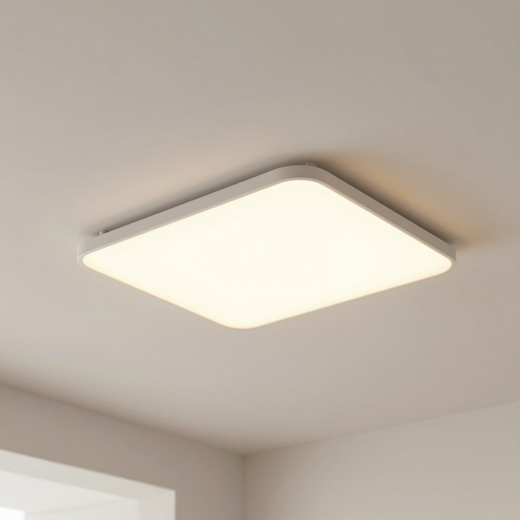 A modern, sleek flush mount LED light panel seamlessly integrated into a pristine white ceiling. The panel features a soft, diffused glow, creating a warm and inviting ambiance in a contemporary living space. In the background, light-colored walls and minimalistic decor highlight the subtle elegance of the light fixture. A gentle beam of light casts soft shadows, emphasizing the panel's subtle design. The scene is captured from a slightly tilted angle, providing depth and perspective, with a focus on the flush mount's smooth edges. The overall mood evokes tranquility and sophistication, perfect for showcasing hidden lighting solutions in home interiors. A modern, sleek flush mount LED light panel seamlessly integrated into a pristine white ceiling. The panel features a soft, diffused glow, creating a warm and inviting ambiance in a contemporary living space. In the background, light-colored walls and minimalistic decor highlight the subtle elegance of the light fixture. A gentle beam of light casts soft shadows, emphasizing the panel's subtle design. The scene is captured from a slightly tilted angle, providing depth and perspective, with a focus on the flush mount's smooth edges. The overall mood evokes tranquility and sophistication, perfect for showcasing hidden lighting solutions in home interiors.