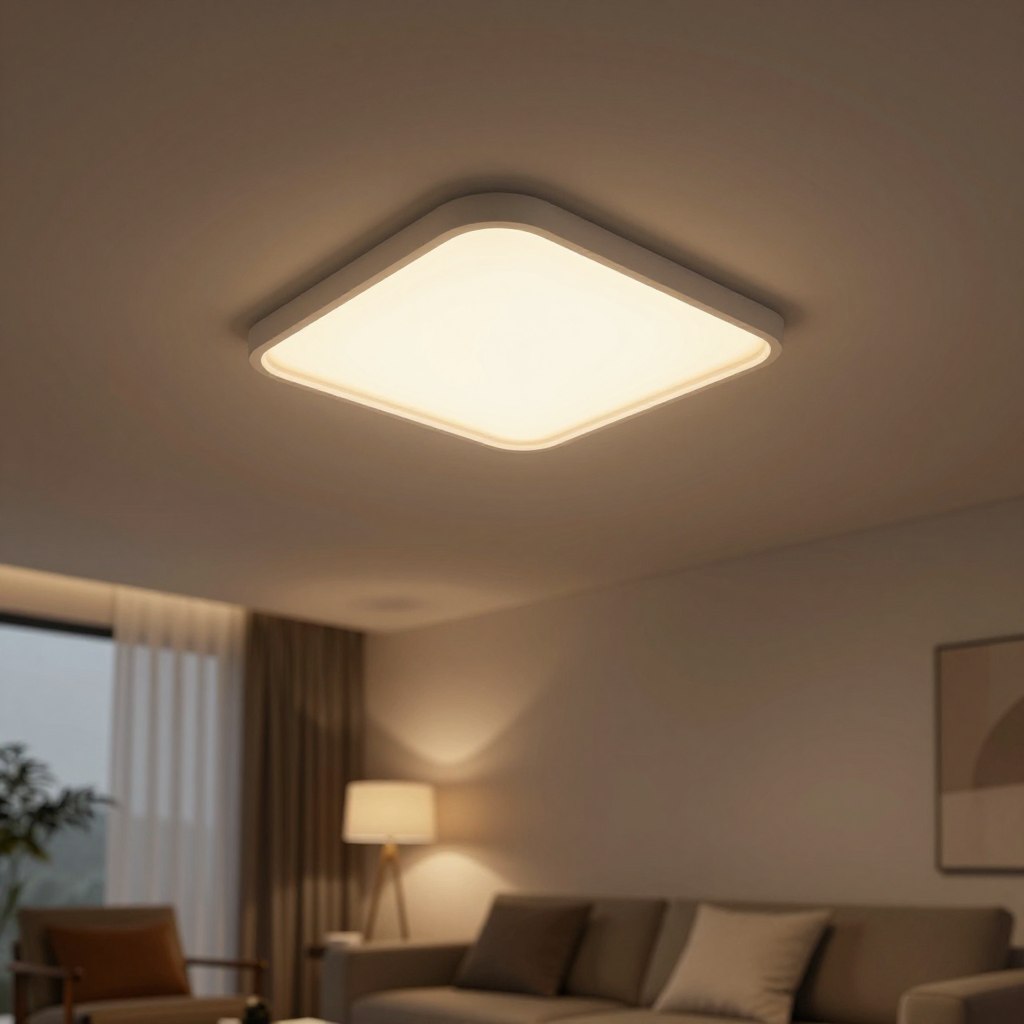 A modern, smart hidden LED ceiling light elegantly embedded into a sleek, minimalist ceiling. The light is showcased emitting a soft, warm glow, with adjustable brightness and a spectrum of colors, creating a calming ambiance. The foreground features the LED fixture subtly blending with the ceiling, highlighting its innovative design. In the middle ground, a softly lit room is visible, adorned with contemporary furniture, emphasizing a cozy atmosphere. The background showcases modern decor elements and smooth wall textures that enhance the lighting effect. The overall mood is serene and inviting, with gentle, diffused lighting casting soft shadows. The camera angle is slightly tilted upwards for an artistic perspective, capturing the essence of modern ambient lighting technology. A modern, smart hidden LED ceiling light elegantly embedded into a sleek, minimalist ceiling. The light is showcased emitting a soft, warm glow, with adjustable brightness and a spectrum of colors, creating a calming ambiance. The foreground features the LED fixture subtly blending with the ceiling, highlighting its innovative design. In the middle ground, a softly lit room is visible, adorned with contemporary furniture, emphasizing a cozy atmosphere. The background showcases modern decor elements and smooth wall textures that enhance the lighting effect. The overall mood is serene and inviting, with gentle, diffused lighting casting soft shadows. The camera angle is slightly tilted upwards for an artistic perspective, capturing the essence of modern ambient lighting technology.