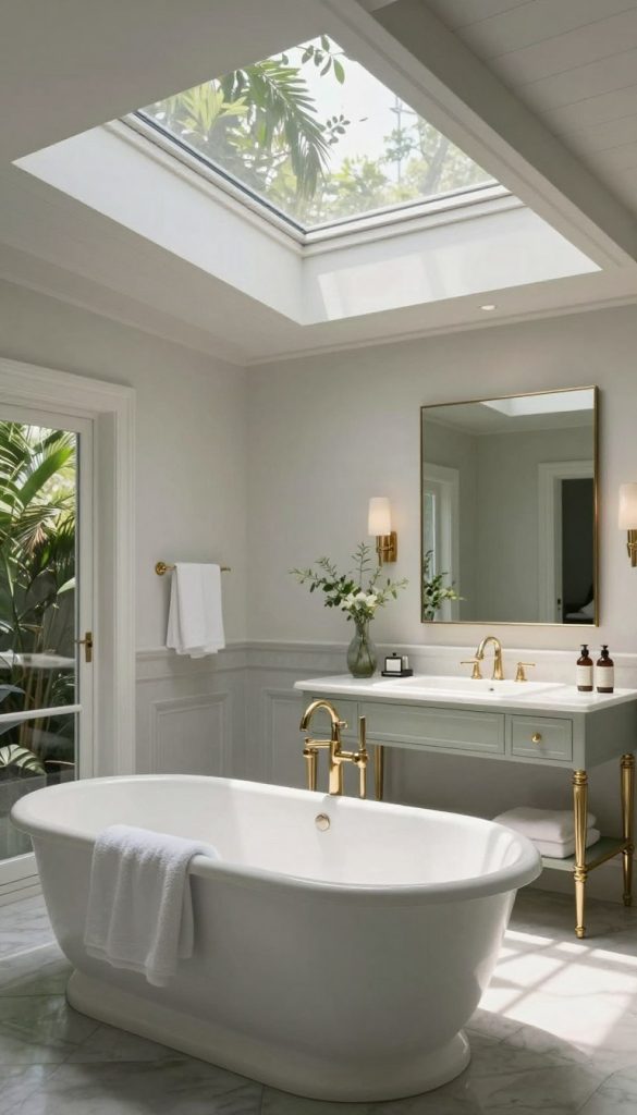 A serene and elegant bathroom featuring a classic skylight design that floods the space with natural light, creating a spa-like ambiance. The foreground showcases a luxurious freestanding bathtub with soft, fluffy towels nearby, while the middle area includes a stylish vanity with polished brass fixtures and a large mirror reflecting the light. In the background, the skylight spans the ceiling, framed by decorative wooden beams, with lush greenery partially visible outside, adding to the tranquil atmosphere. Soft, diffused lighting creates inviting shadows, enhancing the calming effect. The color palette consists of muted whites, soft grays, and gentle greens, evoking a sense of peace and relaxation. The image captures a harmonious blend of natural and interior elements, embodying timeless elegance. A serene and elegant bathroom featuring a classic skylight design that floods the space with natural light, creating a spa-like ambiance. The foreground showcases a luxurious freestanding bathtub with soft, fluffy towels nearby, while the middle area includes a stylish vanity with polished brass fixtures and a large mirror reflecting the light. In the background, the skylight spans the ceiling, framed by decorative wooden beams, with lush greenery partially visible outside, adding to the tranquil atmosphere. Soft, diffused lighting creates inviting shadows, enhancing the calming effect. The color palette consists of muted whites, soft grays, and gentle greens, evoking a sense of peace and relaxation. The image captures a harmonious blend of natural and interior elements, embodying timeless elegance.