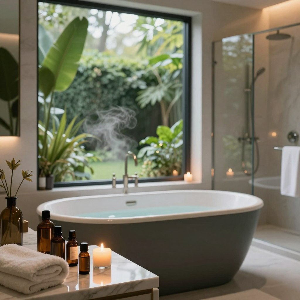 A serene and high-end bathroom designed for aromatherapy and wellness, featuring a deep soaking tub surrounded by lush greenery and soothing candlelight. In the foreground, elegant essential oil bottles are artfully arranged on a marble countertop next to soft, fluffy towels. The middle ground showcases a stylish, freestanding tub with a view of a large window overlooking a tranquil garden, bathed in soft, warm lighting. The background features a subtle, modern shower with glass panels, complemented by delicate steam that hints at relaxation. The atmosphere emphasizes tranquility and luxury, with muted colors blending harmoniously to evoke a sense of peace and rejuvenation, perfect for a private home spa experience. A serene and high-end bathroom designed for aromatherapy and wellness, featuring a deep soaking tub surrounded by lush greenery and soothing candlelight. In the foreground, elegant essential oil bottles are artfully arranged on a marble countertop next to soft, fluffy towels. The middle ground showcases a stylish, freestanding tub with a view of a large window overlooking a tranquil garden, bathed in soft, warm lighting. The background features a subtle, modern shower with glass panels, complemented by delicate steam that hints at relaxation. The atmosphere emphasizes tranquility and luxury, with muted colors blending harmoniously to evoke a sense of peace and rejuvenation, perfect for a private home spa experience.