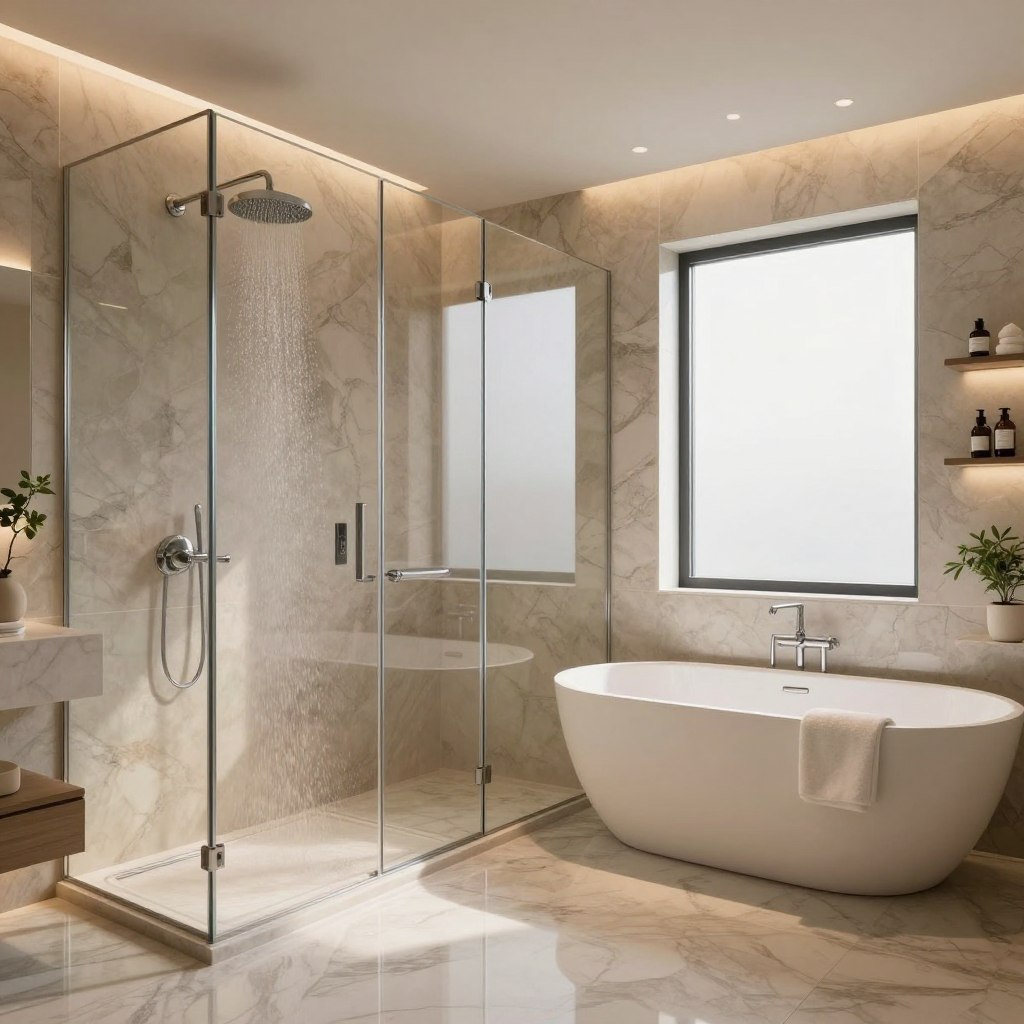 An upscale bathroom featuring a luxurious walk-in rain shower sanctuary. In the foreground, sleek, polished marble flooring reflects soft, warm lighting. The middle ground showcases an expansive glass-enclosed shower with a shimmering rain showerhead, surrounded by elegant, natural stone tiles. A freestanding soaking tub with smooth contours sits adjacent to the shower, adorned with minimalist decor, including plush towels and a small potted plant. Ambient lighting installed in the ceiling creates a serene atmosphere, while frosted windows allow soft daylight to filter in, enhancing the calm mood. The background features minimalist shelving with neatly arranged spa essentials, promoting an overall sense of tranquility and luxury. The composition is captured from a slightly elevated angle to provide a comprehensive view of this elegant sanctuary. An upscale bathroom featuring a luxurious walk-in rain shower sanctuary. In the foreground, sleek, polished marble flooring reflects soft, warm lighting. The middle ground showcases an expansive glass-enclosed shower with a shimmering rain showerhead, surrounded by elegant, natural stone tiles. A freestanding soaking tub with smooth contours sits adjacent to the shower, adorned with minimalist decor, including plush towels and a small potted plant. Ambient lighting installed in the ceiling creates a serene atmosphere, while frosted windows allow soft daylight to filter in, enhancing the calm mood. The background features minimalist shelving with neatly arranged spa essentials, promoting an overall sense of tranquility and luxury. The composition is captured from a slightly elevated angle to provide a comprehensive view of this elegant sanctuary.