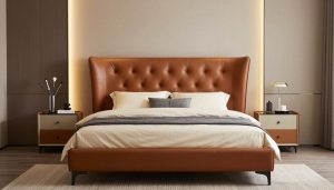 Elegant bedroom featuring a premium leather upholstered headboard with tufted details