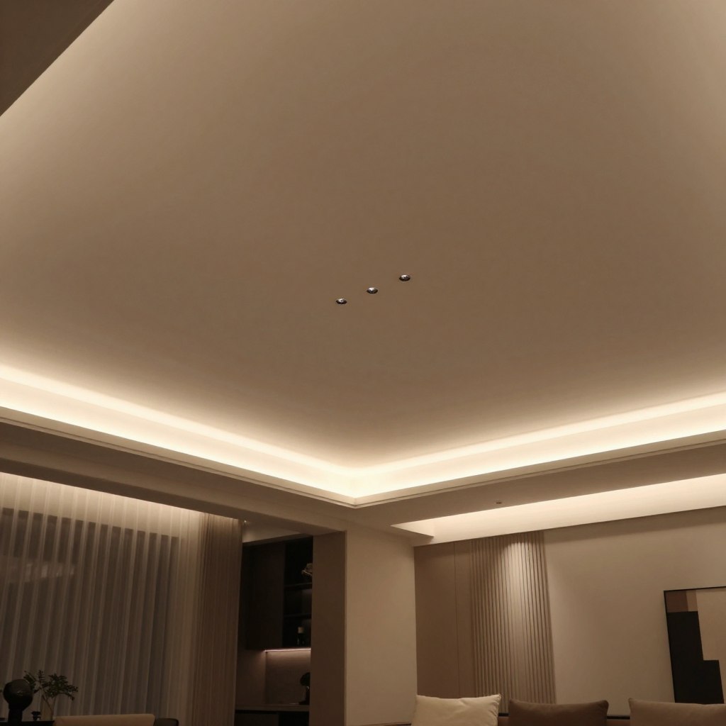 a modern interior with a beautifully designed ceiling featuring hidden LED lighting, softly illuminating the space with a warm glow. The foreground showcases sleek ceiling lines and subtle recesses that highlight the architectural elegance. In the middle, the indirect light casts soft shadows, creating a calming atmosphere, while the background reveals minimalist décor, including contemporary furniture and artistic wall panels. The perspective captures the room from an inviting angle, emphasizing the ceiling design as the focal point. Use soft, diffused lighting to enhance the ambience, mimicking the feel of a tranquil evening. The overall mood should be sophisticated and serene, showcasing how hidden LED lights can transform modern homes into relaxing sanctuaries. a modern interior with a beautifully designed ceiling featuring hidden LED lighting, softly illuminating the space with a warm glow. The foreground showcases sleek ceiling lines and subtle recesses that highlight the architectural elegance. In the middle, the indirect light casts soft shadows, creating a calming atmosphere, while the background reveals minimalist décor, including contemporary furniture and artistic wall panels. The perspective captures the room from an inviting angle, emphasizing the ceiling design as the focal point. Use soft, diffused lighting to enhance the ambience, mimicking the feel of a tranquil evening. The overall mood should be sophisticated and serene, showcasing how hidden LED lights can transform modern homes into relaxing sanctuaries.